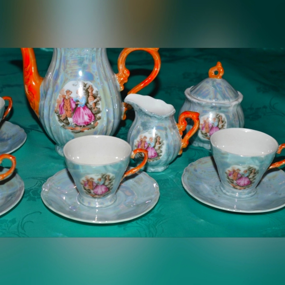 Coffee set.  Made in Japan.  Porcelain, decal Fragonard. 1970s